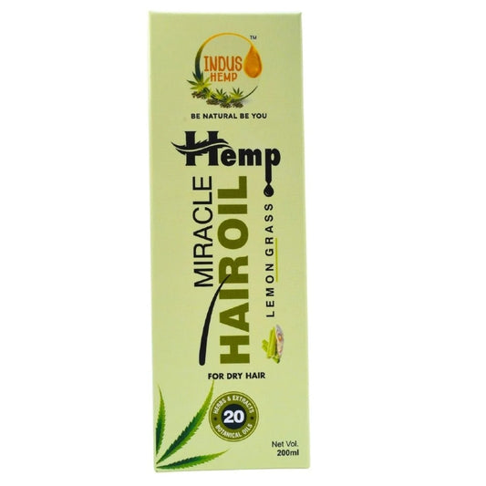 Indus Hemp Miracle Hemp Hair Oil packaging with lemon grass flavor on a white background