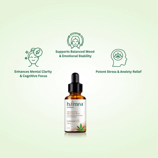 Harma cannabis oil bottle with therapeutic benefits on a light green background