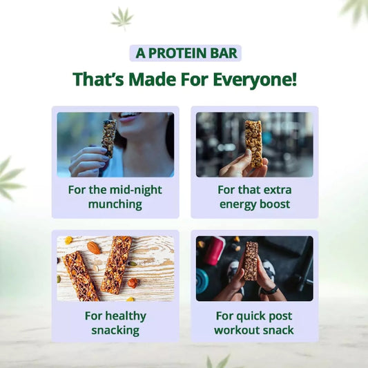 Protein bar advertisement with various uses and people holding the bars.