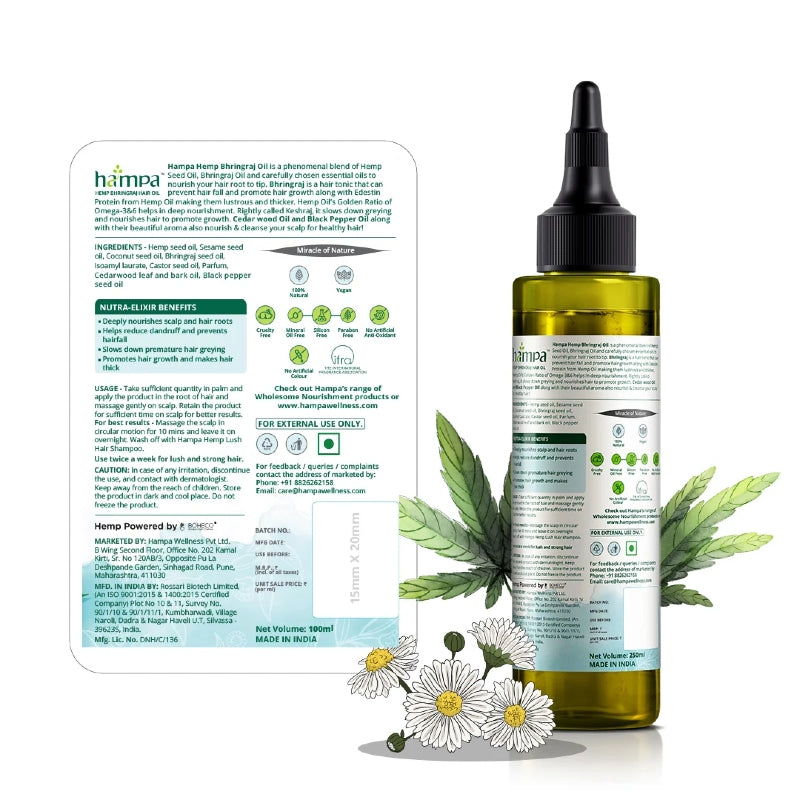 Hemp oil bottle with packaging and leaves on a white background