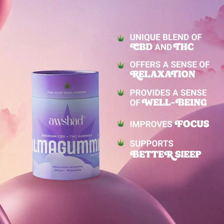 A package of Awshad cbd thc cannabis gummies against a pink and purple background with text listing benefits.