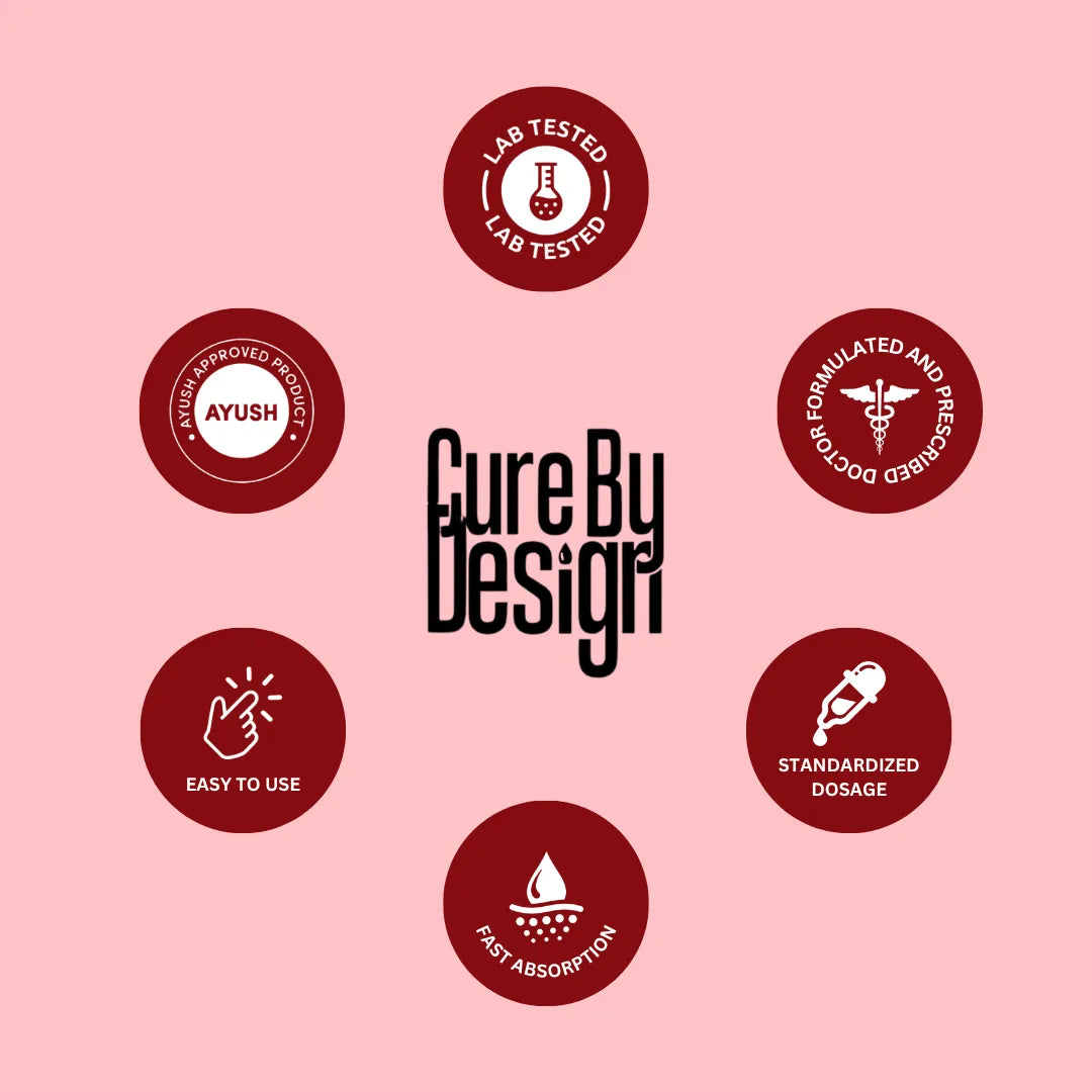 Cure By Design logo with various certification icons on a pink background