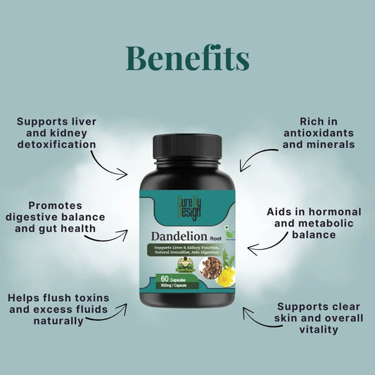 Bottle of Dandelion Root capsules with labeled benefits on a light blue background