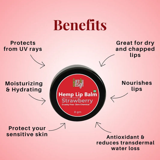Hemp lip balm container with strawberry flavor on a pink background, listing benefits.