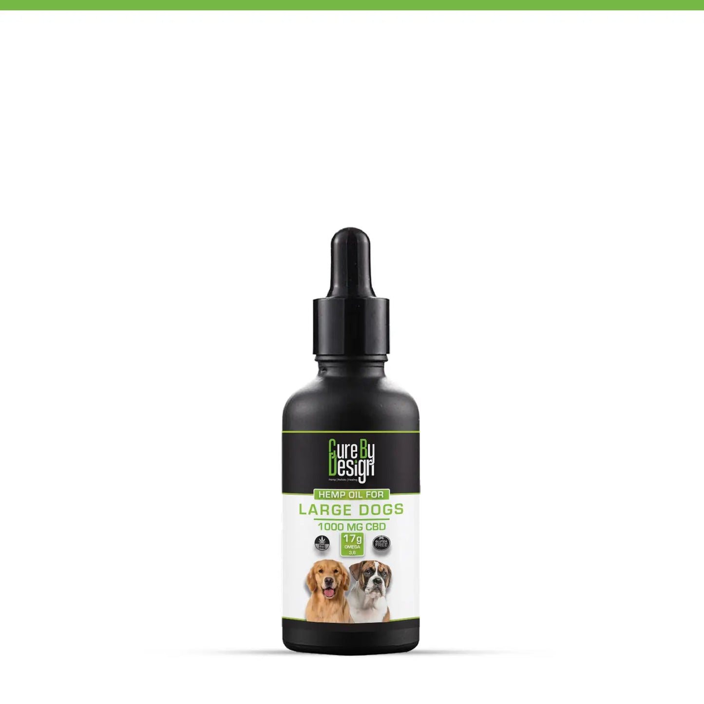 Bottle of Cure by Design CBD Oil supplement for large dogs on a white background