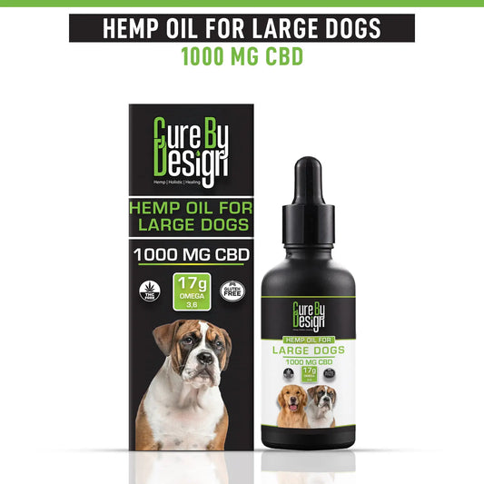 Cure By Design hemp oil for large dogs packaging and bottle on a white background