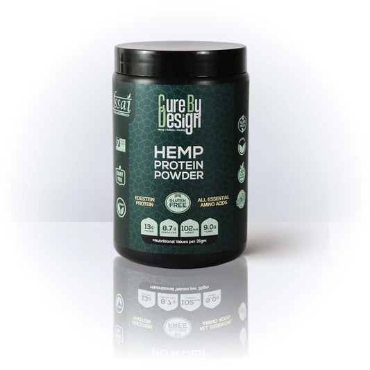 Container of Cure By Design Hemp Protein Powder on a white background