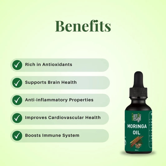 Bottle of Moringa Oil with benefits listed on a green background