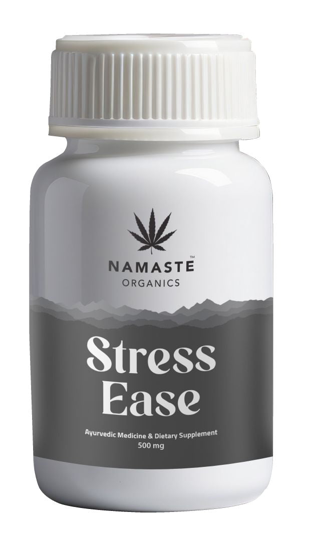 Namaste Organics Stress Ease Full spectrum CBD Oil tablet supplement bottle on a white background
