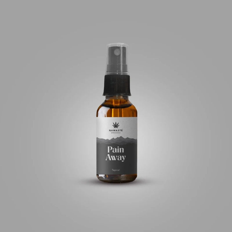 Bottle labeled 'Pain Away' Full spectrum CBD Oil with a Namaste organics on a gray background