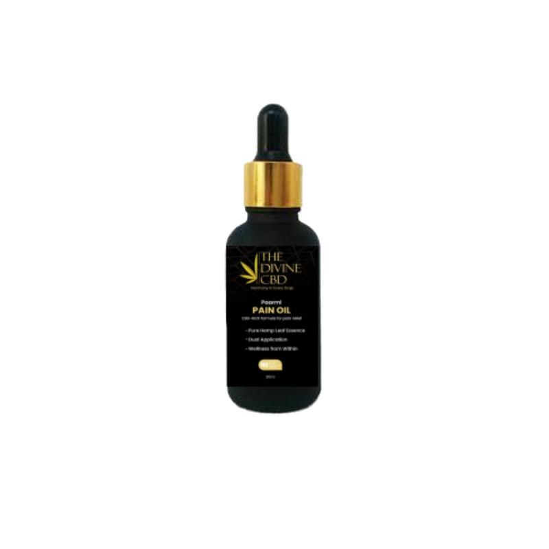 A dark-colored dropper bottle labeled "The Divine CBD Paarmi Pain Oil" with a black dropper and golden cap.