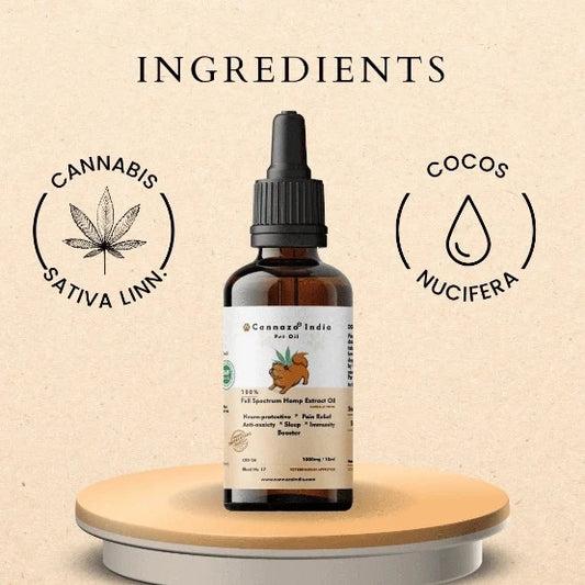 a bottle of cannazo pet cbd oil essential oil on a wood, ingredients logo on both sides.