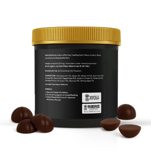 Black container with gold lid and chocolate-like CBD Gummies products on a white background