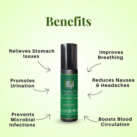 Therapeutic Body Oil by Cure by Design bottle with benefits listed on a green background