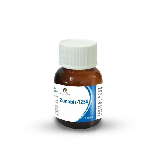 Dark amber medicine bottle with white cap and label reading “Zenabis-T250 – 30 Tablets,” from Paarmi Cares.