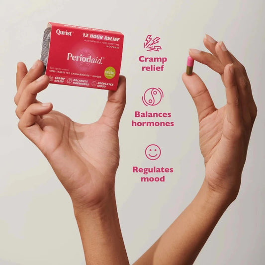 Hands holding a red box of 'Qurist Periodaid 12 Hour Relief' and a pink-green capsule pill, with texts.