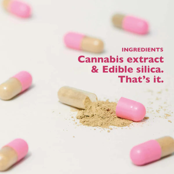 Several pink and beige capsules scattered on a white surface, one capsule opened with powder spilling out, and text about the ingredients.