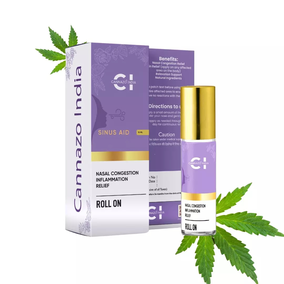 Purple and gold "Cannazo India Sinus Aid" product packaging and roll-on bottle with cannabis leaves.