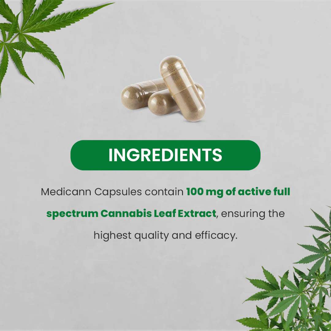 cannabis extract capsules, text mentioning ingredients of medicann cannabis extract capsules