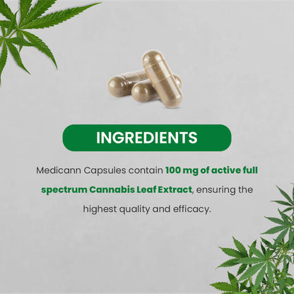 cannabis extract capsules, text mentioning ingredients of medicann cannabis extract capsules