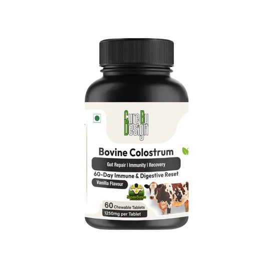 Bottle of Bovine Colostrum supplement with a white label on a white background