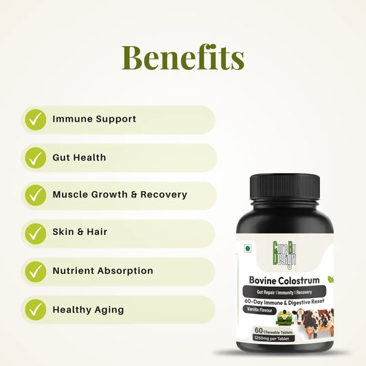 Bottle of Bovine Colostrum with listed benefits on a white background