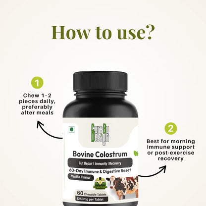 Bottle of Bovine Colostrum with usage instructions on a white background