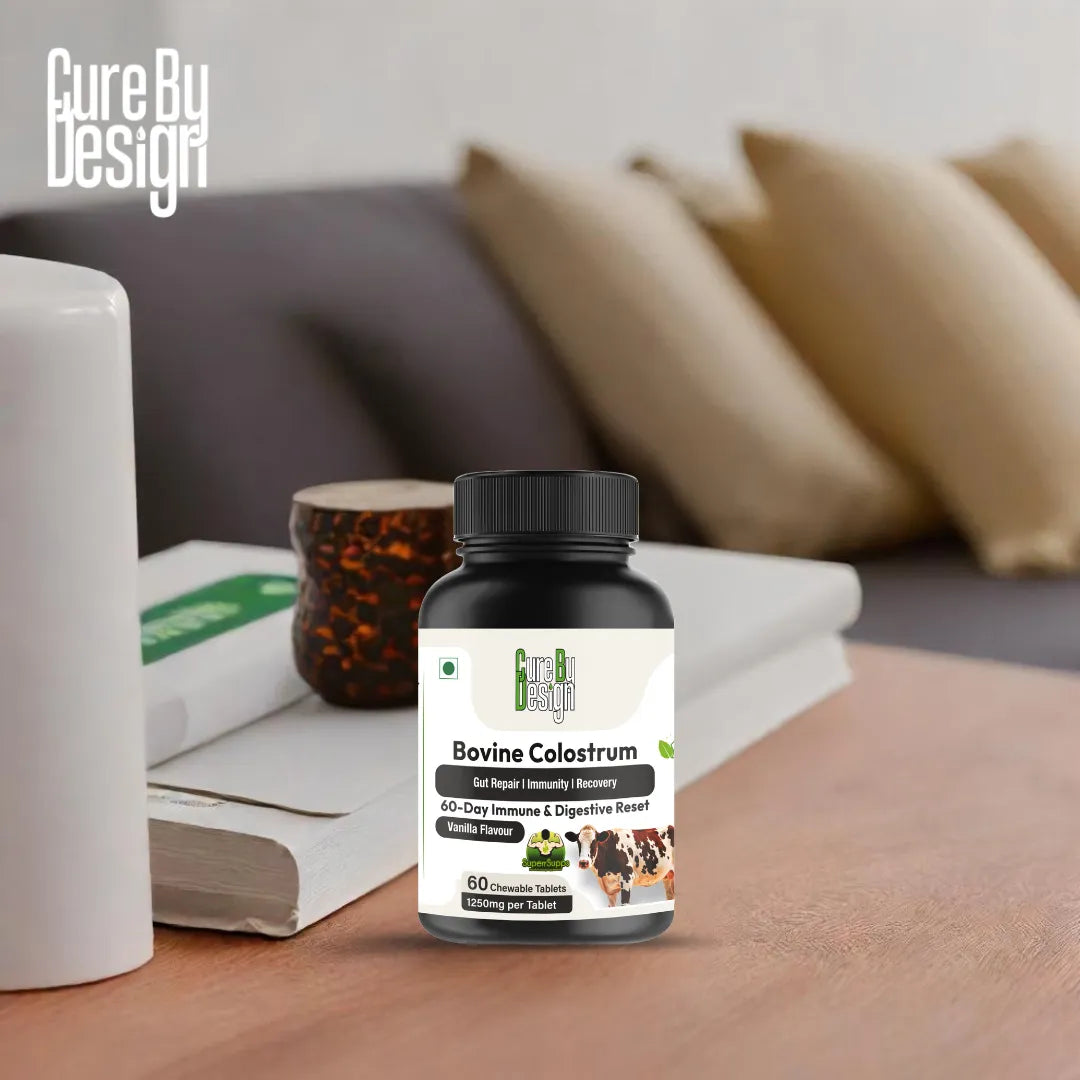 Bovine Colostrum supplement bottle on a wooden surface with a blurred background