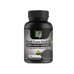 Black Cumin Seed Oil supplement bottle with 'Cure by Design' label on a white background