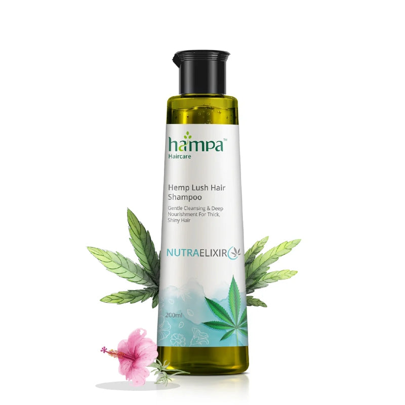 Hampa Hemp Lush Hair Shampoo bottle with leaves and a flower on a white background