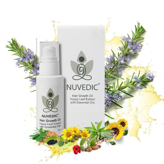 "Nuvedic Hair Growth Oil bottle and box with vijaya extract and herbal elements."

