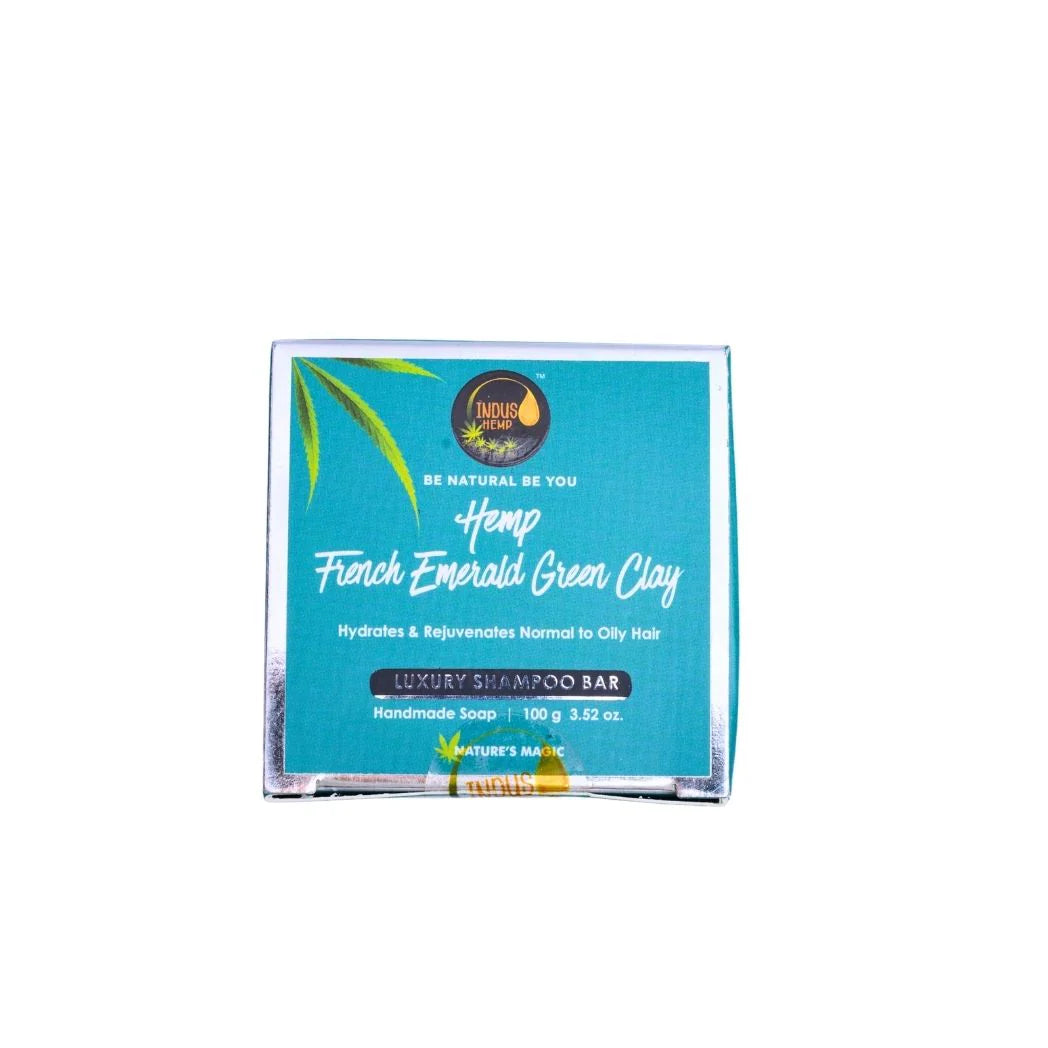 Hemp Shampoo bar packaging with blue label on a white background