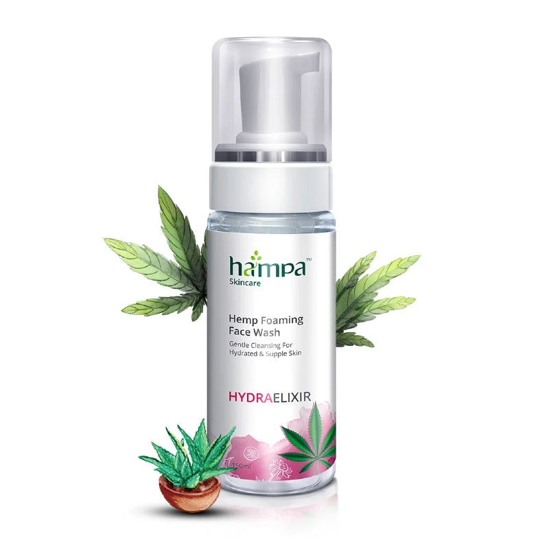 Hampa Hemp Foaming Face Wash bottle with leaves and aloe vera on a white background