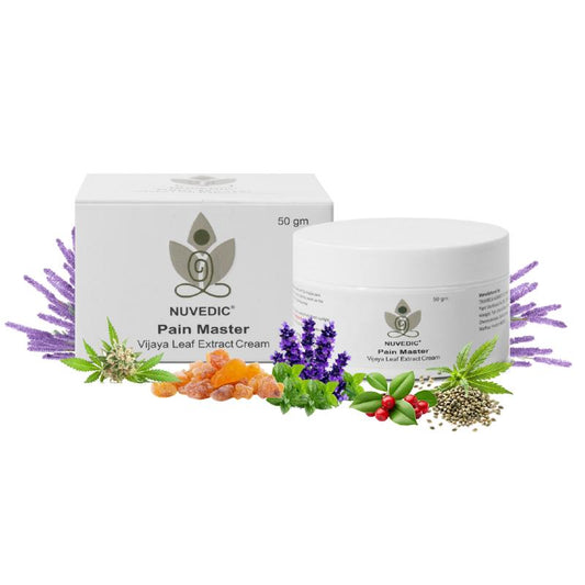 Nuvedic Pain Master vijaya extract oil herbal cream jar and box surrounded by various herbs.

