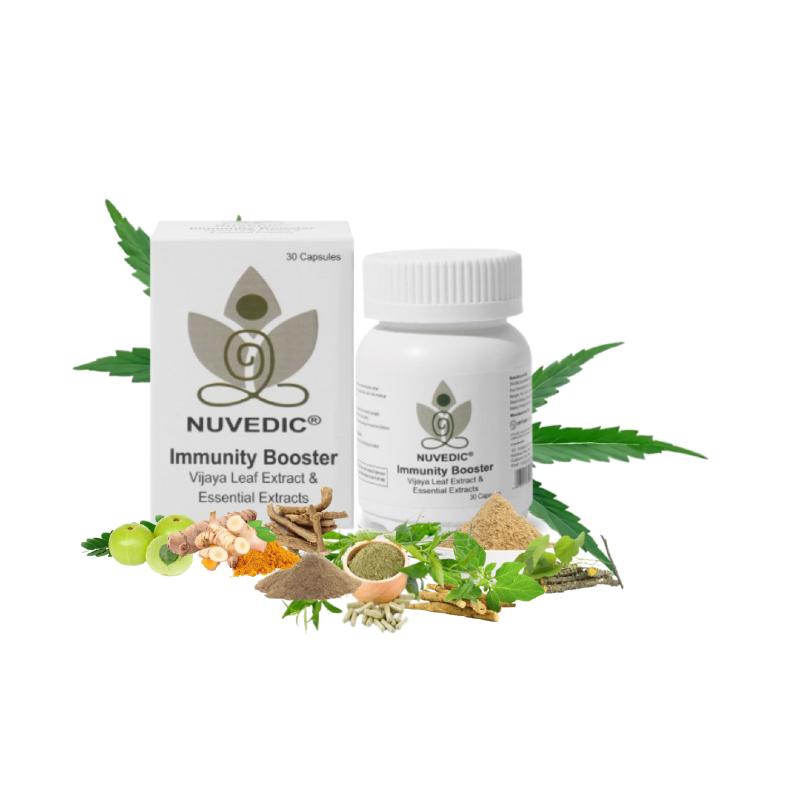 Box and bottle of NUVEDIC CBD Capsules Immunity Booster with various herbs and spices.

