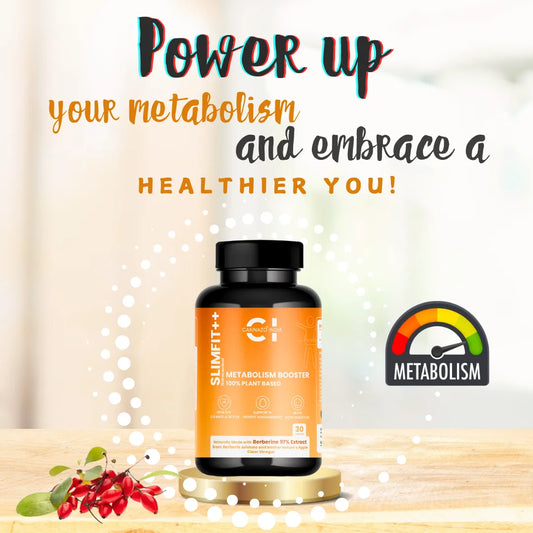 Bottle of Slimfit++ Metabolism Booster supplement with promotional text and a metabolism gauge.