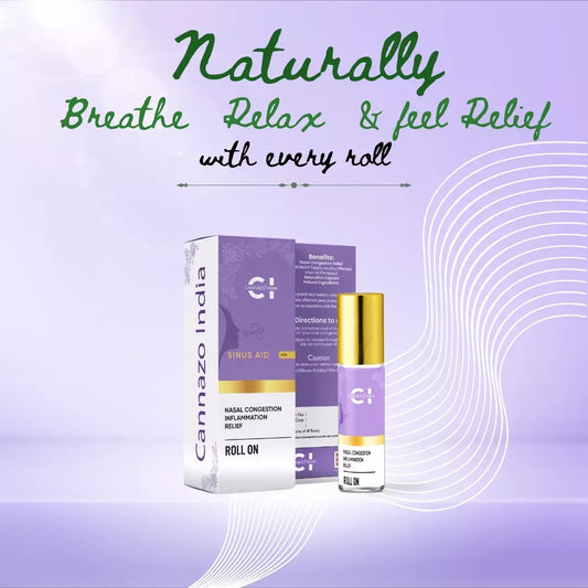 Promotional display of Cannazo India's Sinus Aid roll-on against a purple background.