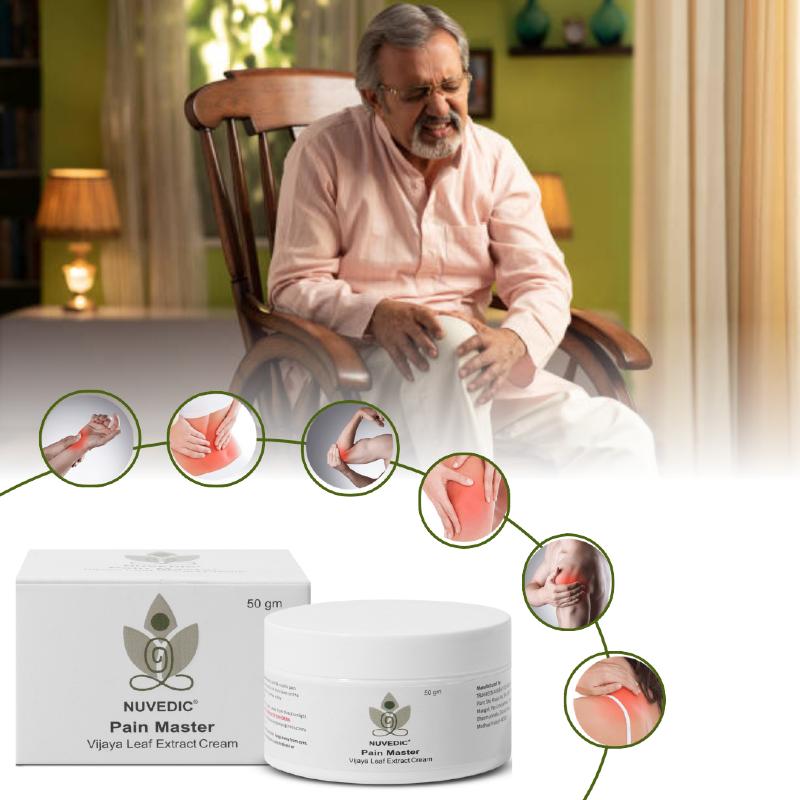An elderly man with knee pain, surrounded by circular insets of painful areas, and a NUVEDIC Pain Master cream in the foreground.

