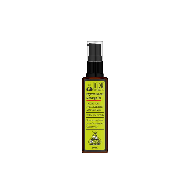 Amber bottle of INDIE EXTRACTS Beyond Relief  CBD Massage Oil with hemp extract, 50 ml.

