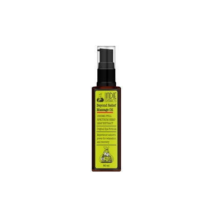 Amber bottle of INDIE EXTRACTS Beyond Relief  CBD Massage Oil with hemp extract, 50 ml.


