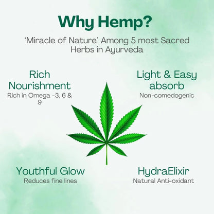 Promotional graphic about hemp benefits with a green leaf on a light green background