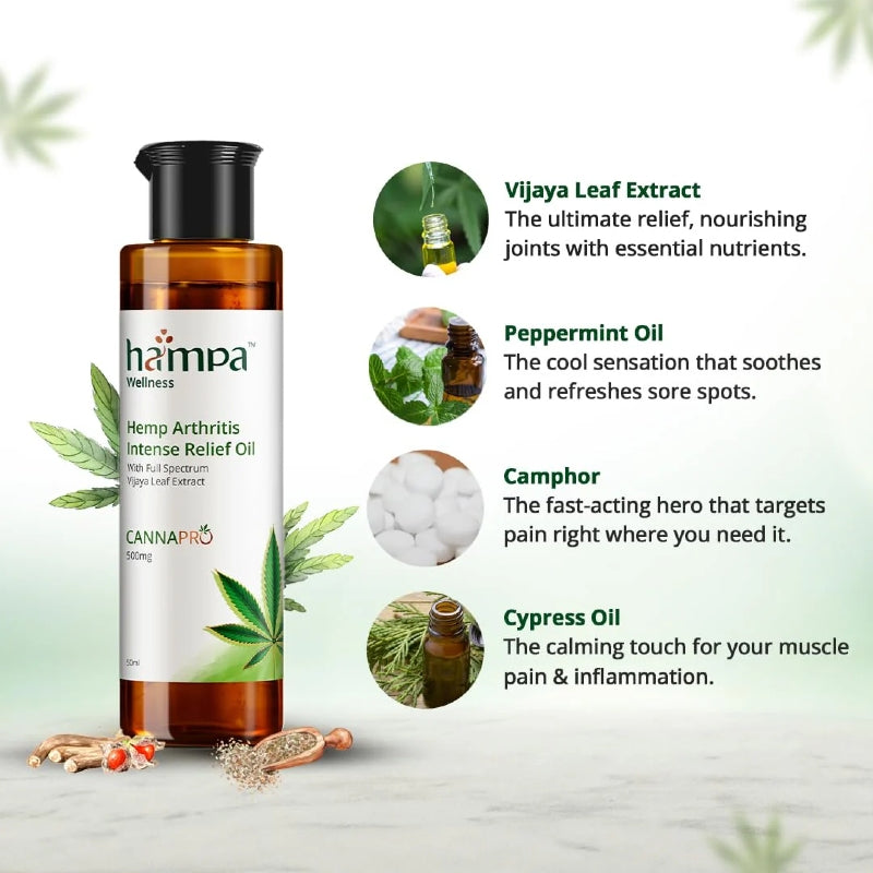 Hampa Hemp Arthritis Intense Relief Oil bottle with ingredients listed on a light background
