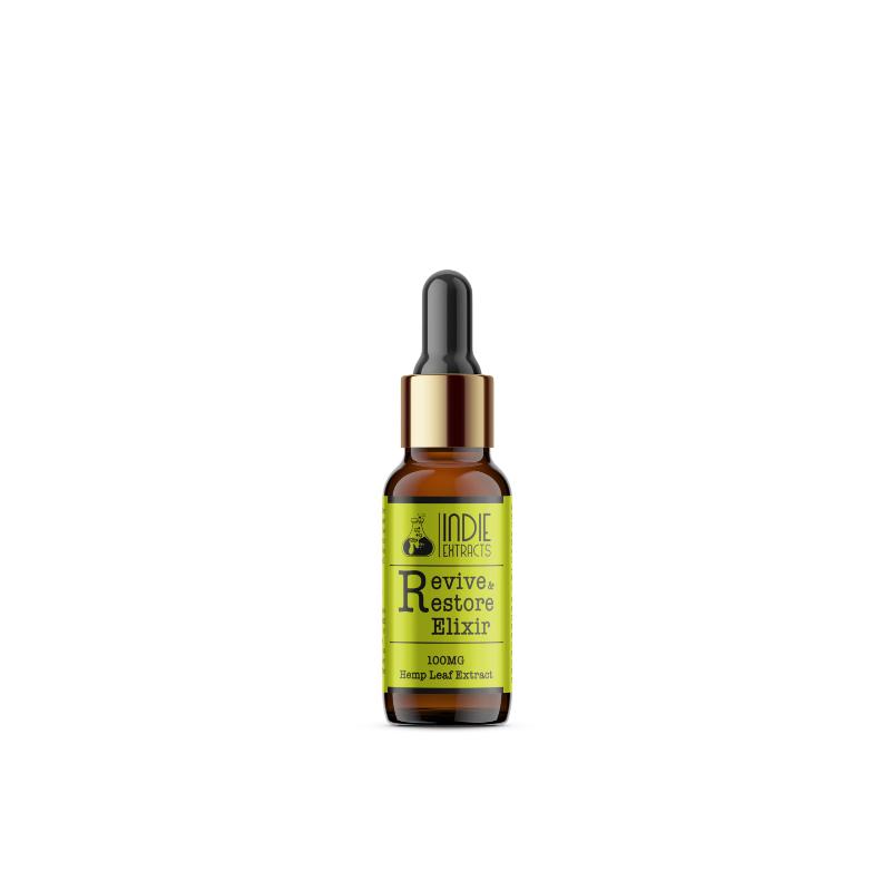 Amber bottle with black dropper cap, labeled "INDIE EXTRACTS Revive & Restore Elixir, 100MG Hemp Leaf Extract".