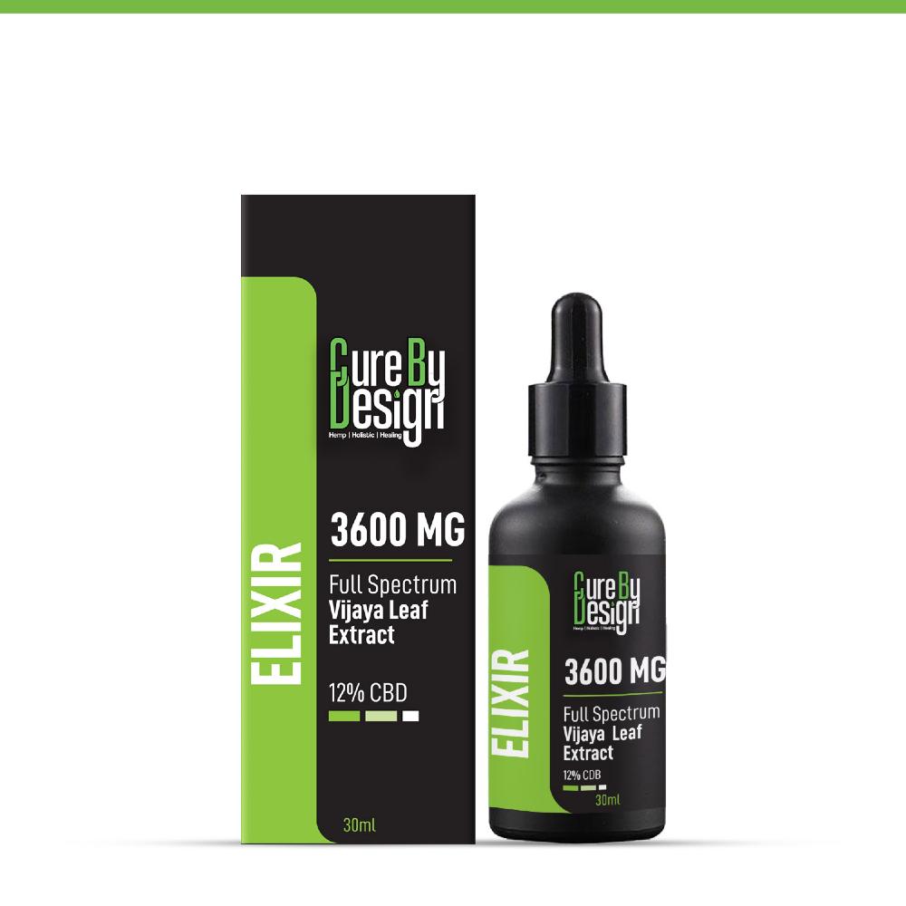 Cure By Design CBD elixir bottle and packaging with 'Pure By Design' branding on a white background