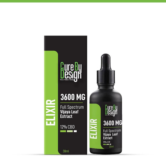 Cure By Design CBD elixir bottle and packaging with 'Pure By Design' branding on a white background