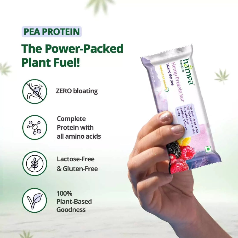 Huma Hemp Protein Bar held by a hand with product details on a light green background