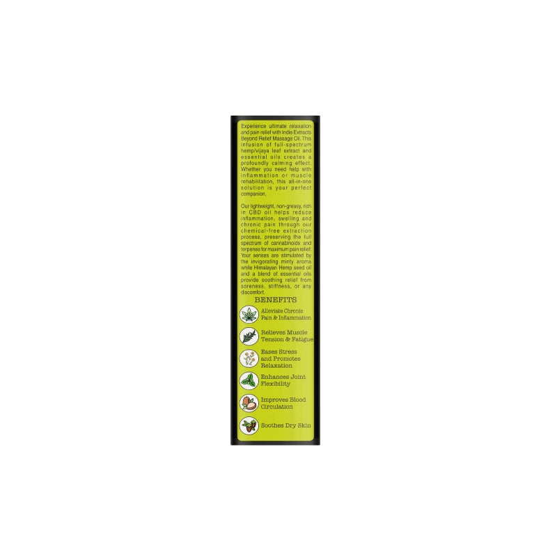 Product packaging of Electric Beyond Relief CBD Massage Oil with detailed descriptions of the product.