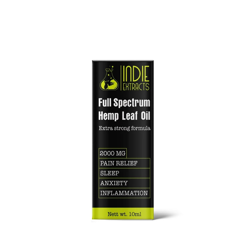 Packaging of Indie Extracts Full Spectrum Hemp Leaf Oil, 2000 MG, 10ml.