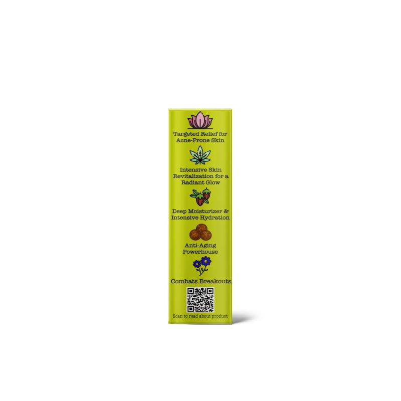 Indie Extracts CBD Oil Green product packaging with text: Targeted Relief for Acne-Prone Skin, Intensive Skin Revitalization.