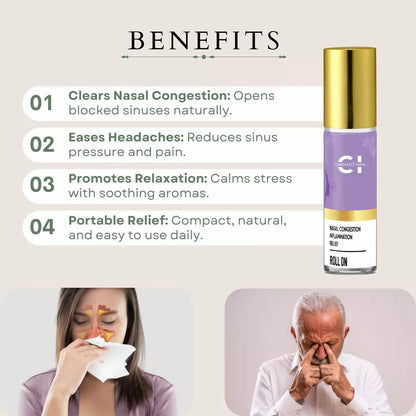 Advertisement for nasal congestion relief roll-on with benefits and images of affected individuals.